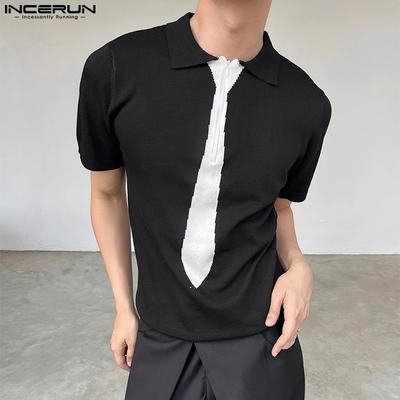 Мужские футболки с лацканами, коротким рукавом, принтом галстука, на молнии, повседневные топы