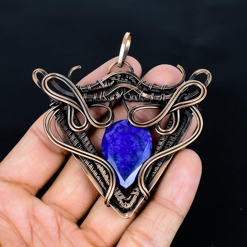Blue Sapphire Pendant Handmade Gemstone Jewelry, 999 Copper Wire Wrapped Pendant ,Unique Design Jewelry Pendant