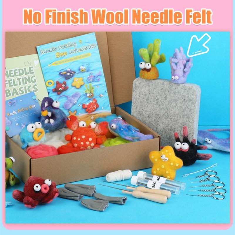 Ocean Animal Needle Wool Felting Tool with Needle Instruction Wool Roving Wood Handle and Finger Cots for Beginner