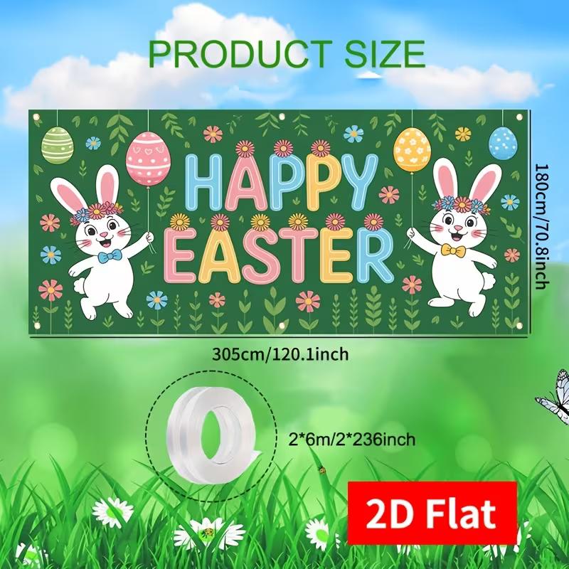 2D Happy Easter Garage Door Banner with Cartoon Bunnies, Colorful Eggs and Spring Flowers