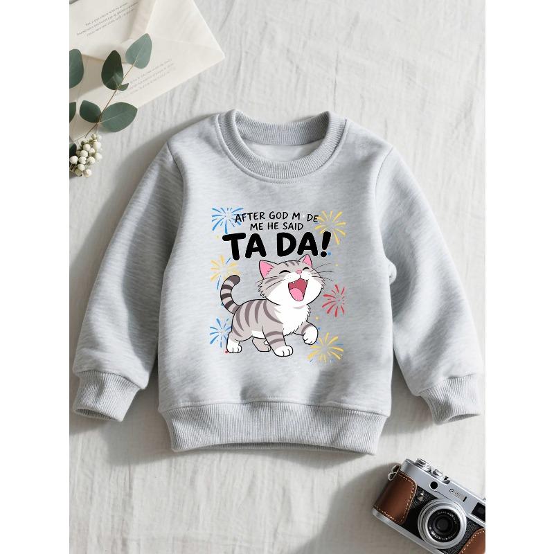 European sizes Adorable Feline-Themed Kids' Crewneck Sweatshirt, Made from Casual with Long Sleeves And a Bit of Stretch
