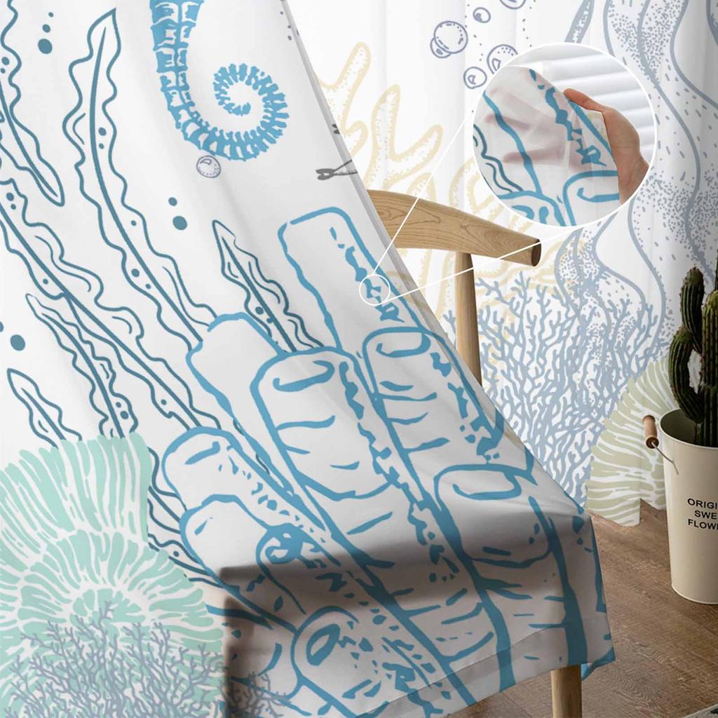 Ocean Coral Starfish Shell Sheer Curtains for Living Room Decoration Window Curtains for Kitchen Tulle Voile Organza Curtains