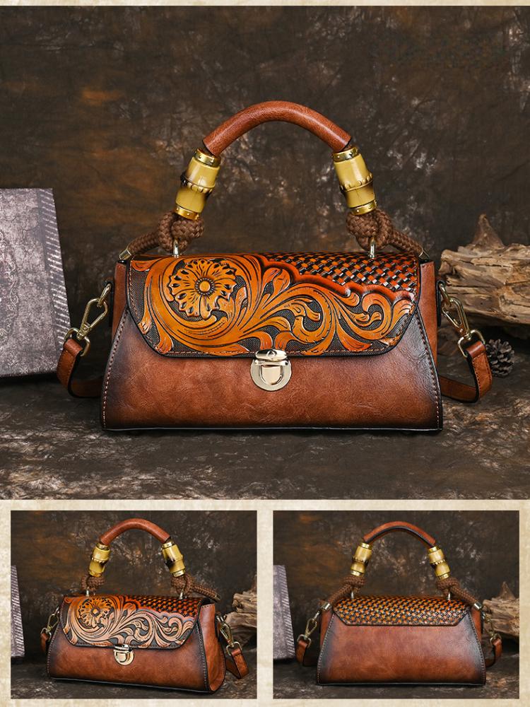 Johnature Women Bag Retro Leather Carving Craft Ladies Handbag Versatile Large Capacity Shoulder & Crossbody Bags