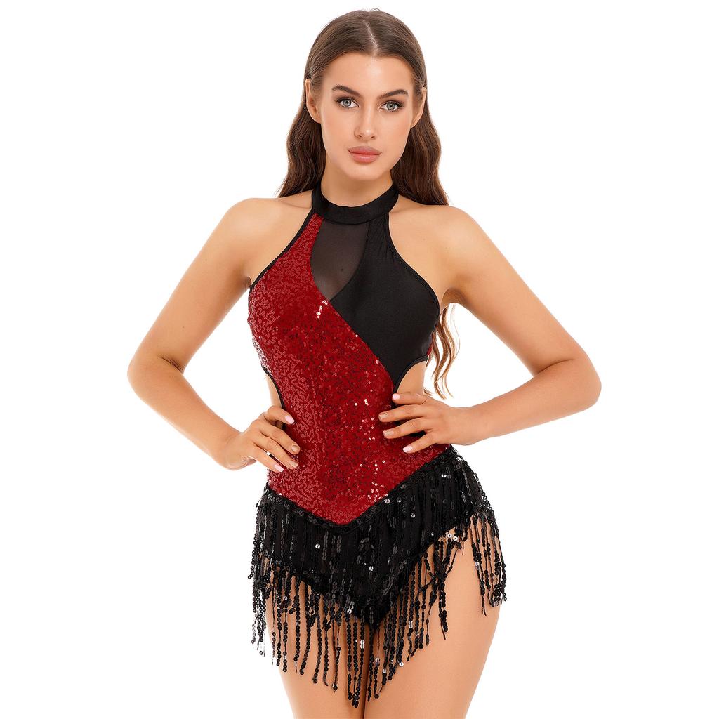 Womens Latin Dance Costume Sparkling Sequin Color Block Patchwork Bodysuit Sleeveless Fringed Leotard