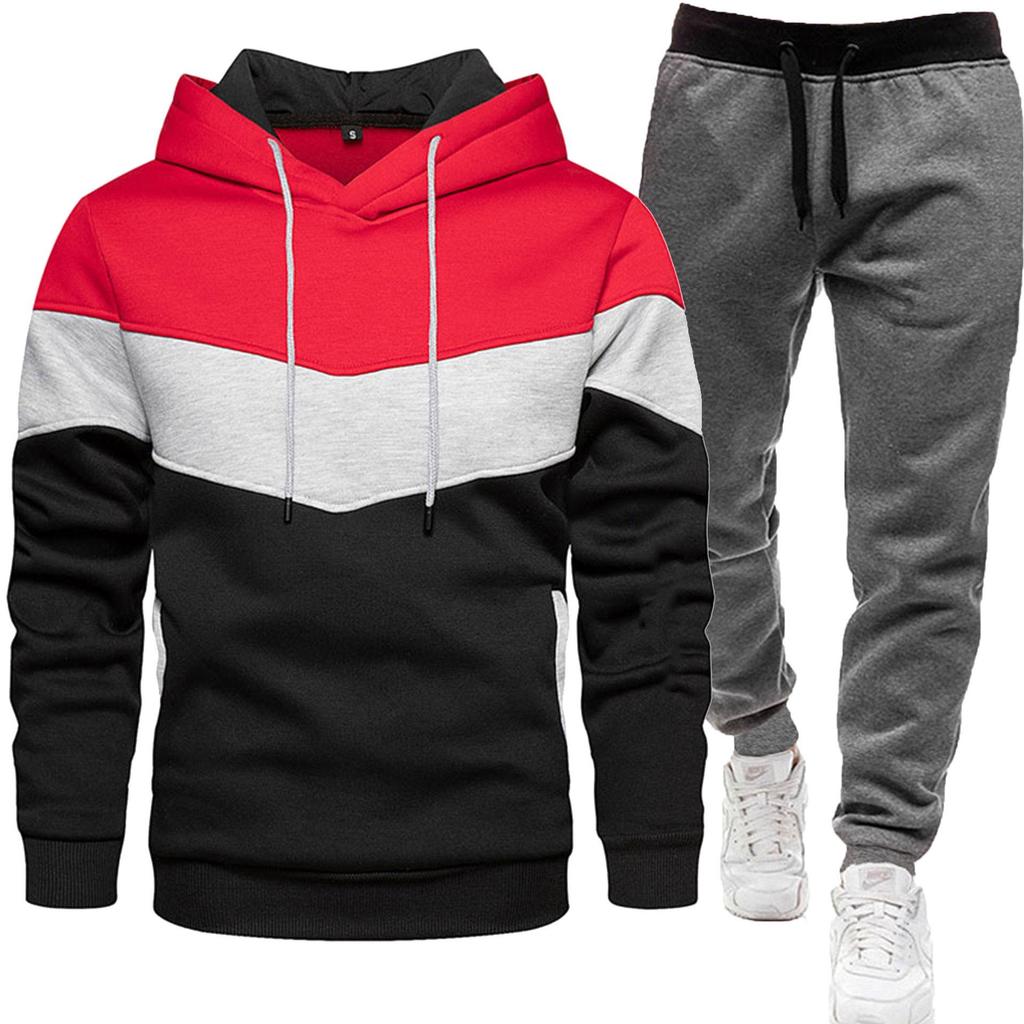 2024 Men's Fashion Spliced Hooded Sweatshirt & Long Pants Two-Piece Sports Suit for Autumn/Spring