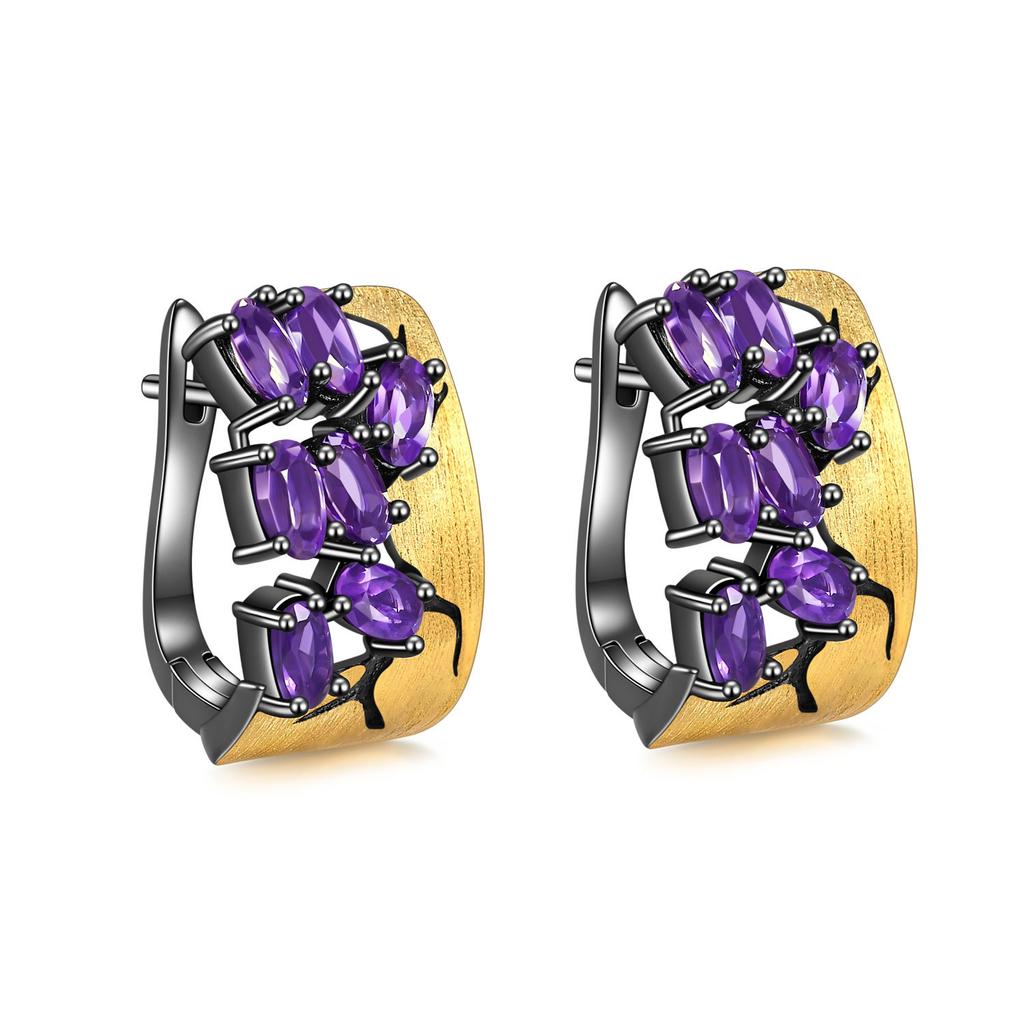 Italian Abstract Original Designer Jewelry Accessories 925 Silver Gold-plated Inlaid with Colored Gemstones Natural Amethyst Earrings