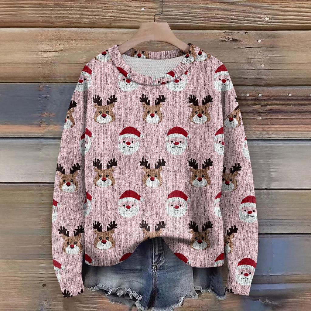 Пуловеры с длинным рукавом для женщин, с круглым вырезом, повседневные, милые, с принтом, вязаные, оверсайз