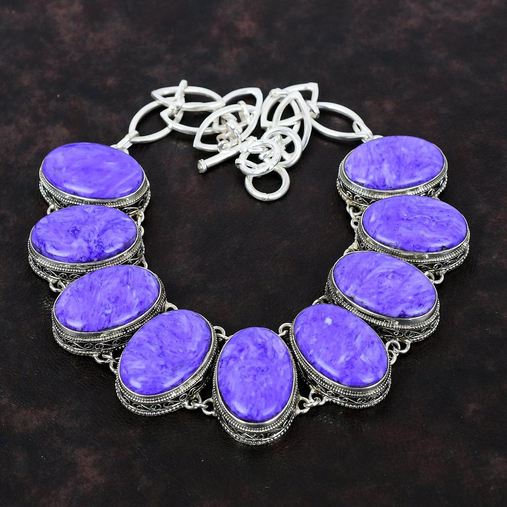 Ожерелье с чароитом, винтажное ожерелье, ювелирные изделия из настоящего драгоценного камня, ожерелье из стерлингового серебра 925 пробы, регулируемое ожерелье-цепочка, ювелирные изделия ручной работы для подарка