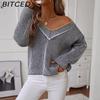 V-Neck Striped Sweater Women's Fall/Winter Casual Pullover Loose Knit Top