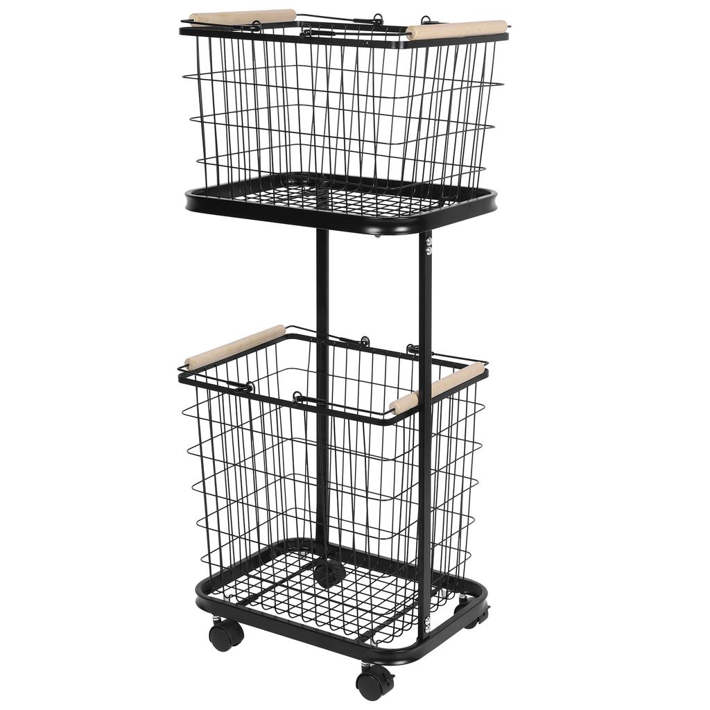 2 Tier Laundry Cart with Wheels Metal Frame 2-Section Storage Basket Bathroom Organizer Cart for Laundry Room Closet Storage