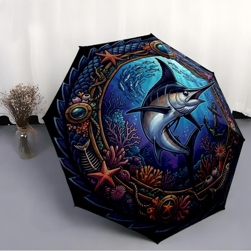 Marine Life Emblem pattern umbrella, portable and foldable design, 8 ribs, a casual accessory for Halloween, Christmas, and birthday gifts.