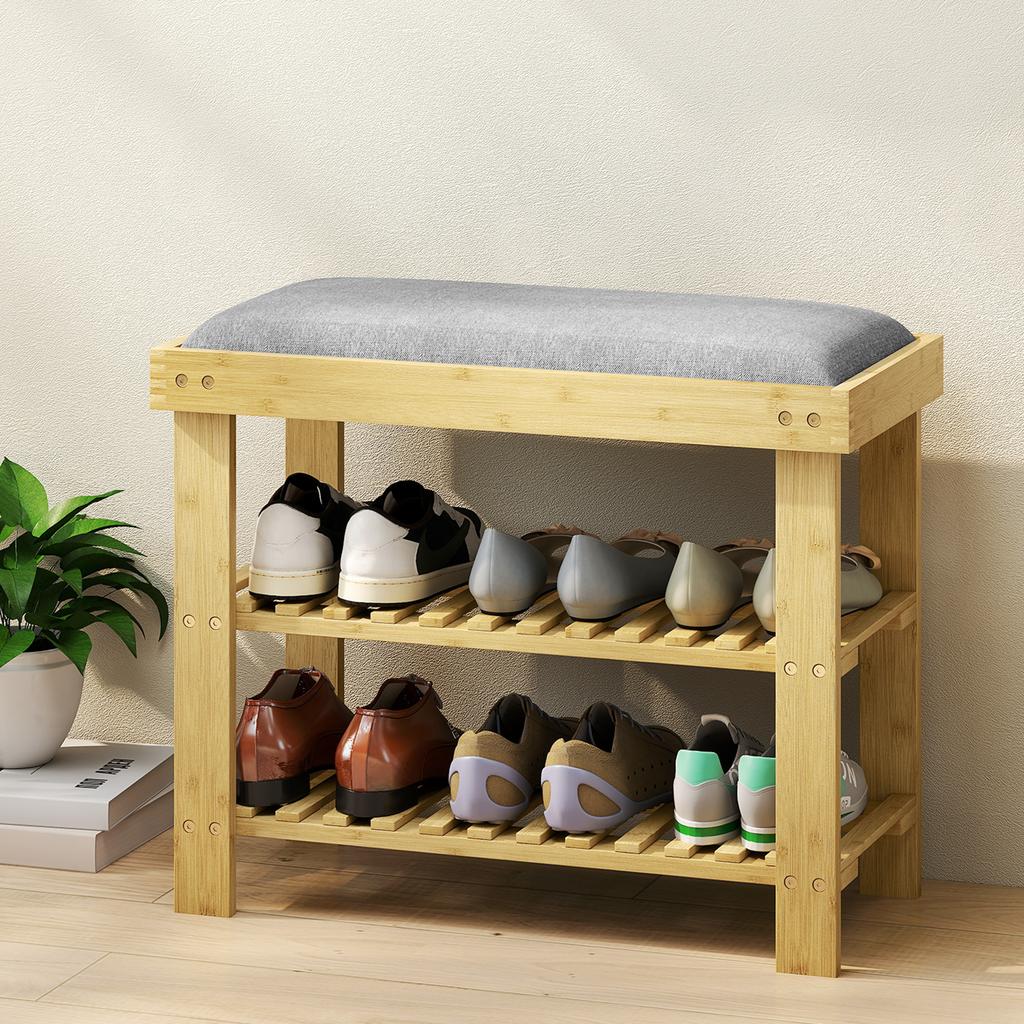Shoe Bench with Seat, Bamboo Bench with Storage, 2 Open Compartments, Bench 60 x 29 x 49 cm Grey