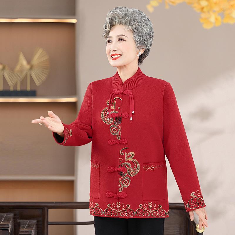 Женский вязаный жаккардовый свитер - в китайском стиле с застежкой-пуговицей в виде лягушки, с плюшевой подкладкой, осенне-зимнее пальто для женщин среднего и пожилого возраста