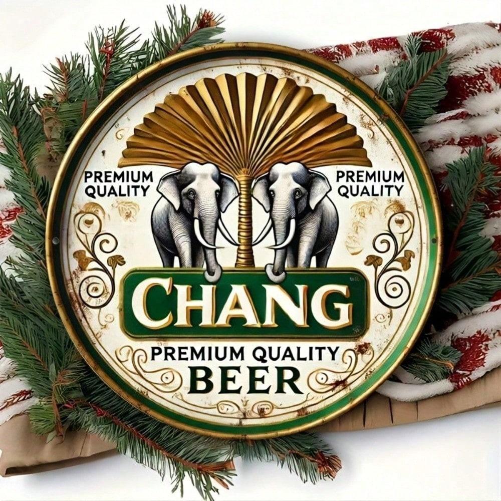 Металлическая жестяная табличка Chang Beer со слоном, круглая, 8x8 дюймов, алюминиевый настенный декор для дома, бара, гаража, мужской комнаты