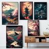 Retro Fantasy Japan House Village Landscape Posters and Prints Canvas Paintings Sakura Lake Wall Art For Living Room Home Decor
