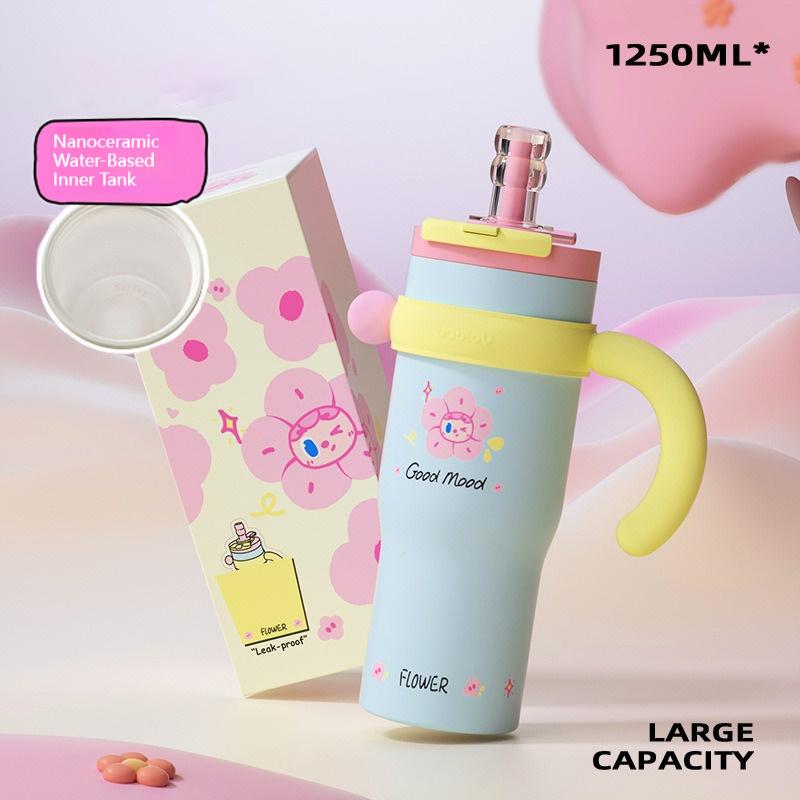 Bablov 800/1250ML Straw Thermos Cup Ceramic Inner Vacuum Flasks Large Capacity Water Cup Keep Cold & Hot Camping Beverage Cup