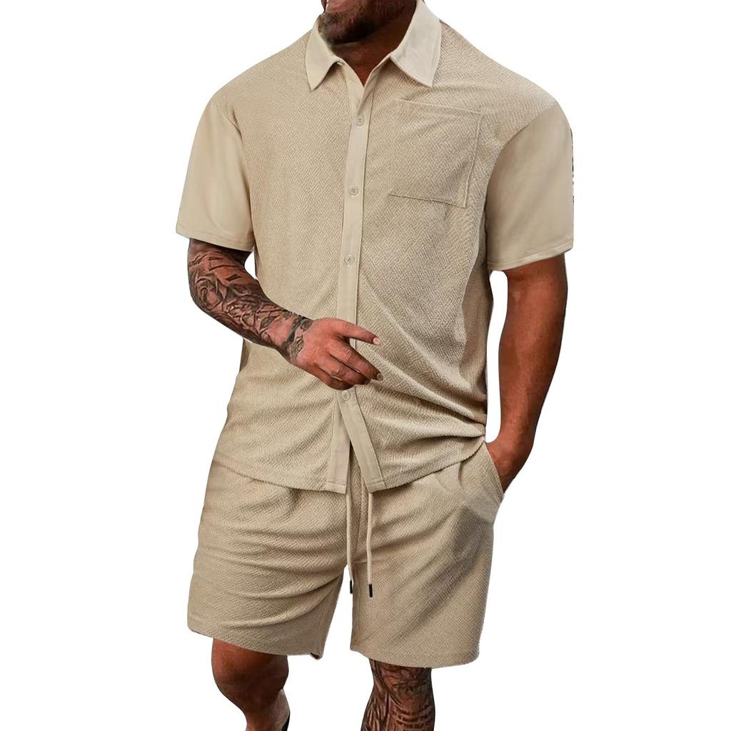 Мужская летняя однотонная рубашка с коротким рукавом, карманом, пуговицами, лацканами и шортами