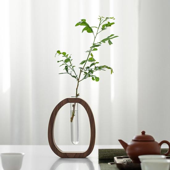 Hydroponic Plants Test Tube Vase with Wooden Stand Clear Flower Vase Table