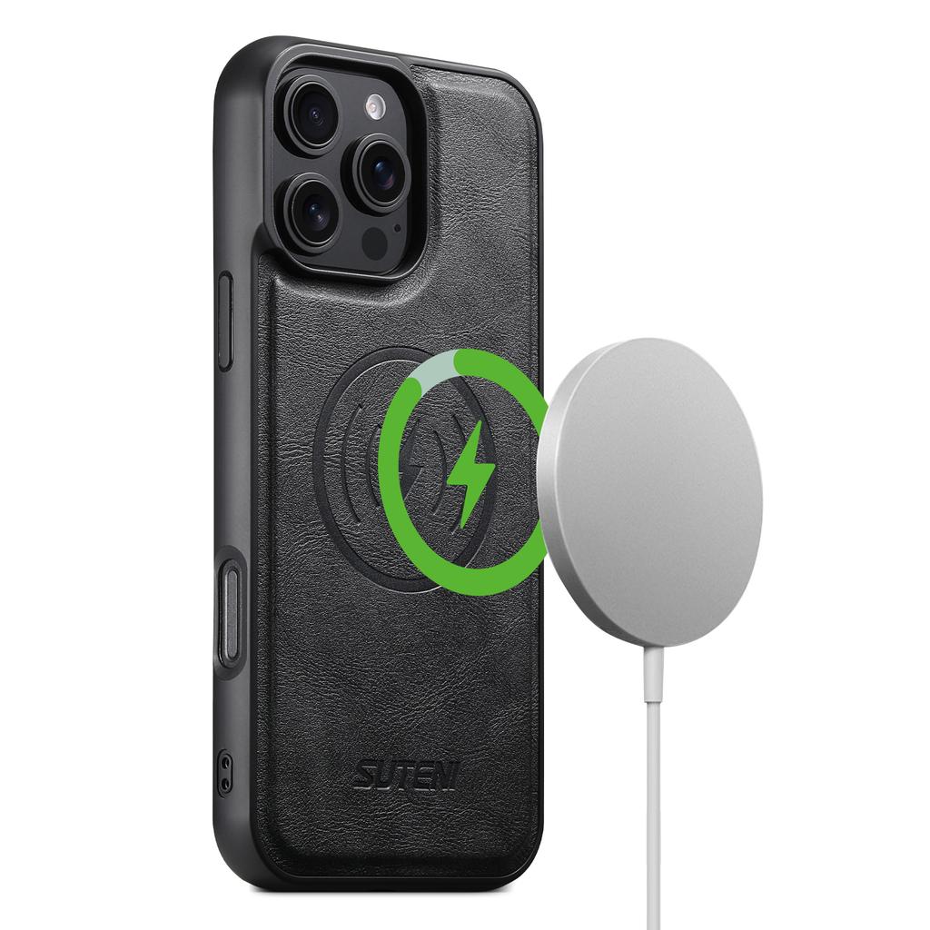 For iPhone 16 Pro Magnetic Case Cowhide Texture Leather Back Cover with Card Bag Kickstand