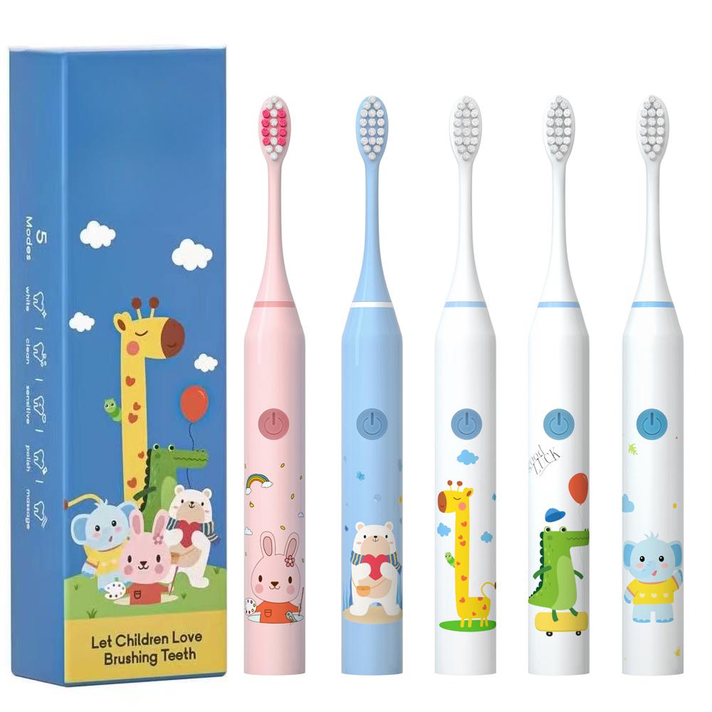 Детская электрическая зубная щетка с аккумулятором, мультяшная, для детей, с 4/6 сменными головками, ультразвуковая, водонепроницаемая, IPX7, звуковая зубная щетка
