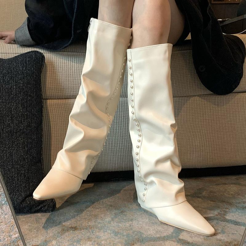 Show Your Legs and Be Thin! White Trouser Boots 2025 New Fat Mm Pointed Wedge Heels High Tube But Knee Boots Women