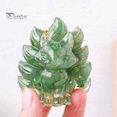 Статуэтка из натурального камня в виде девятихвостой лисы, позитивная целебная энергия, вырезанная вручную из цветного искусственного кристалла, сидящая статуя животного для домашнего офиса и рабочего стола