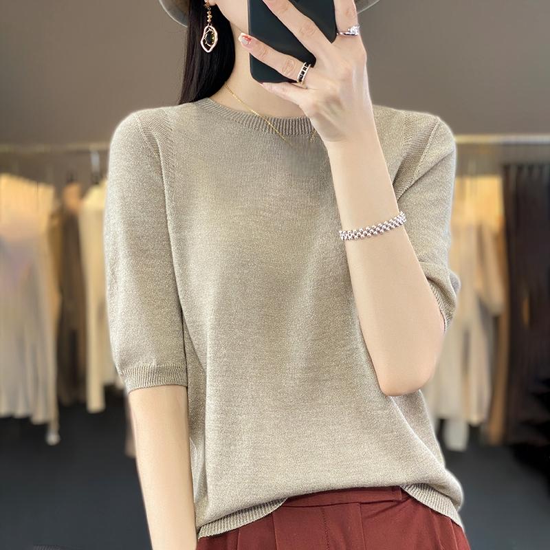 Женская летняя футболка с коротким рукавом, 50% шелка тутового дерева и полиэстера | Легкий дышащий облегающий повседневный топ