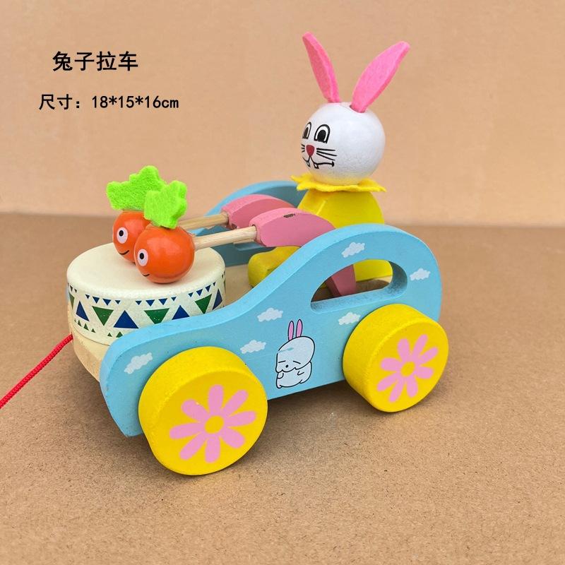 Baby Drag Toddler Toy Wooden Cartoon Animal Pull Cart Children'S Early Education Puzzle Rabbit Bear Pull Cart
