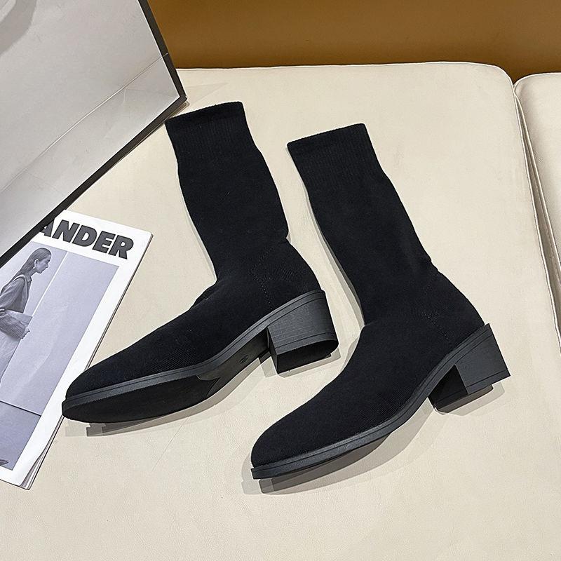 Fashion Middle Heel Elastic Women's Half High Sock Boots Hot Cosplay Y2k 2025 New Ladies Mid Calf Shoes Trend Chic and Elegant Goth Boot