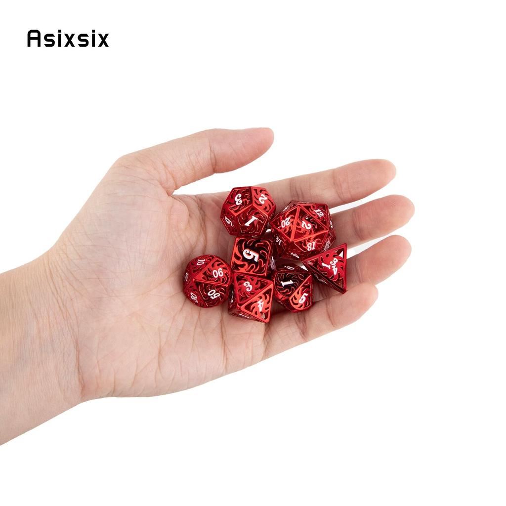 7 Pcs White Red Rotary Windmill Metal Dice Hollow Metal Polyhedral Dice Set Suitable for Role-Playing RPG Board Game Card Game