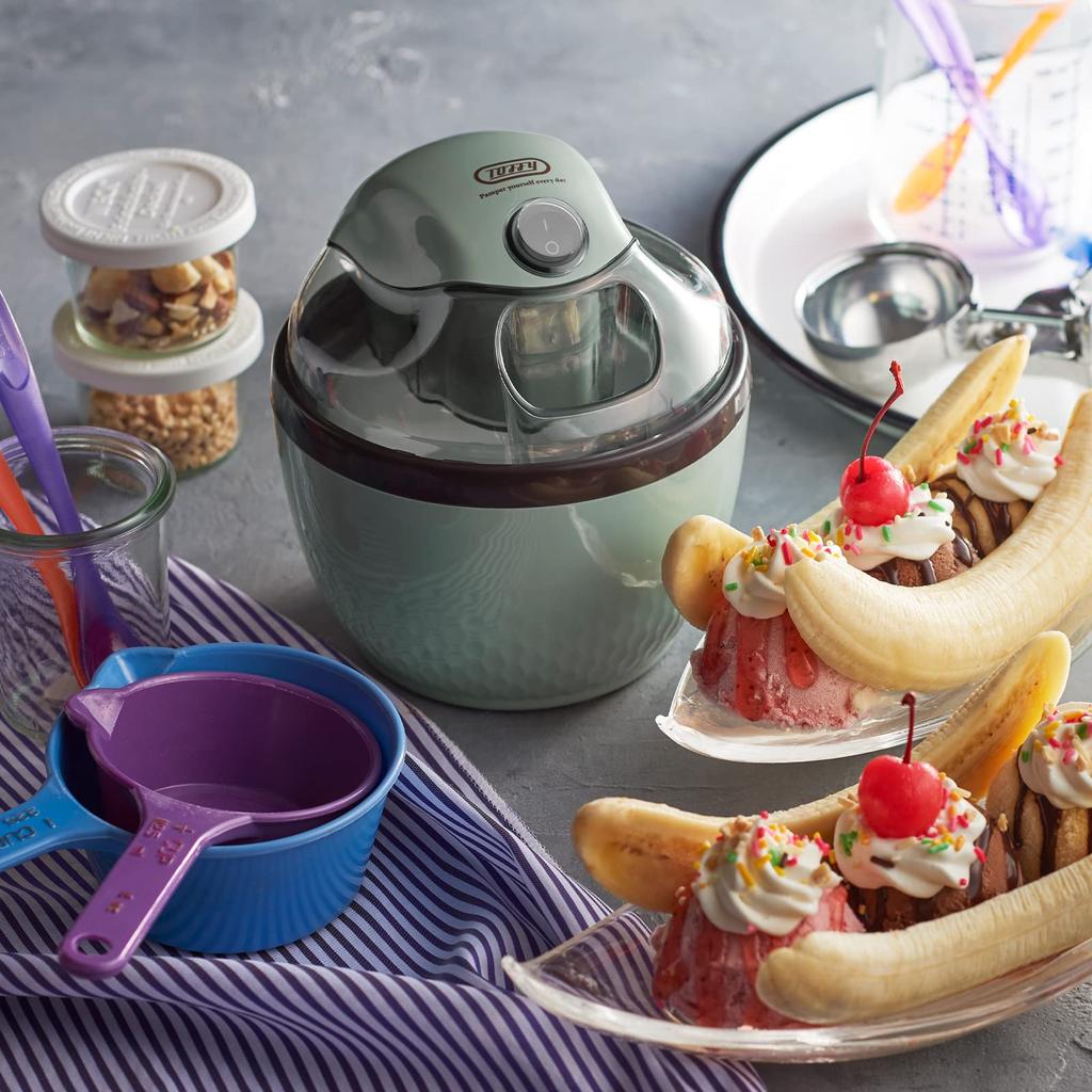 Машина для приготовления мороженого, настоящее домашнее мороженое, полезный простой рецепт, в комплект входит топпинг в стиле ретро [Toffy] K-IS11 (Бледно-аквамариновый) К-ИС11-ПА