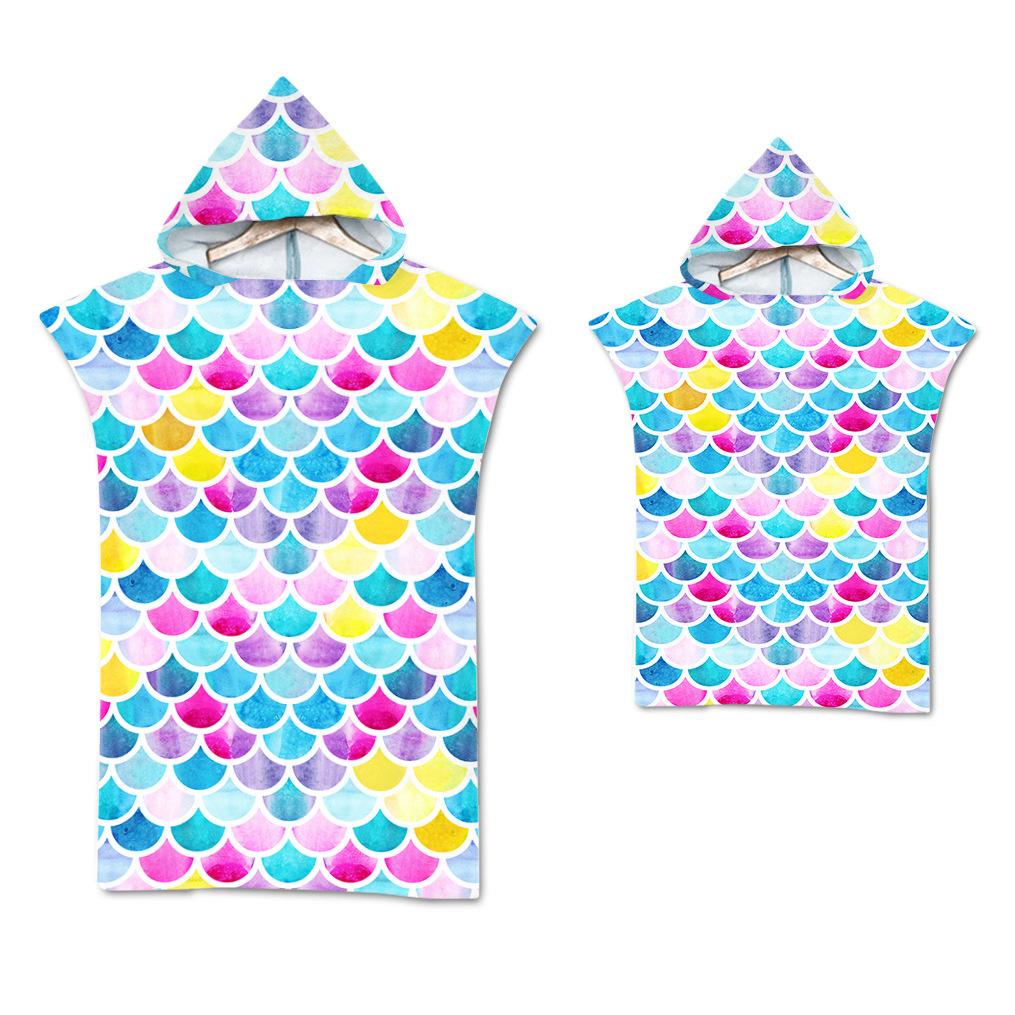 Радужная чешуя Микрофибра Пляжное полотенце Быстросохнущий Плащ с капюшоном Полотенца для гидрокостюма Взрослые Дети Родитель-ребенок Пончо Халат для плавания серфинга