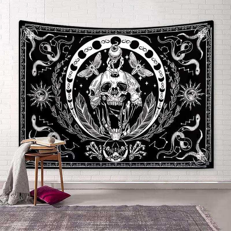 Gothic Skull and Moon Phase Wall Tapestry Horror Themed Wall Fabric Hippie Room Decoration Items Banner Backdrop Decoration
