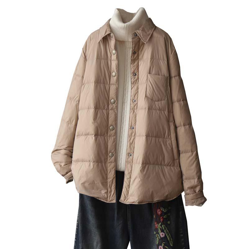 Литературный однотонный воротник рубашки легкий пуховик рубашка женская осень и зима 2024 новый белый утиный пух модный пуховик