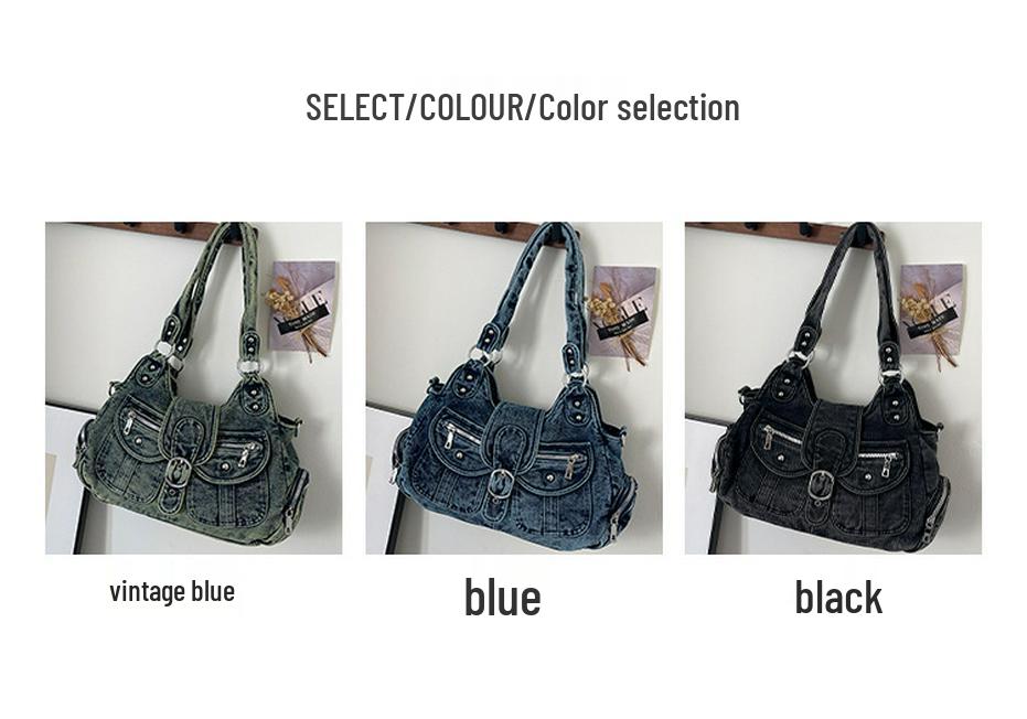 Women's Vintage Washed Denim Multi-Pocket Crossbody Tote & Shoulder Bag