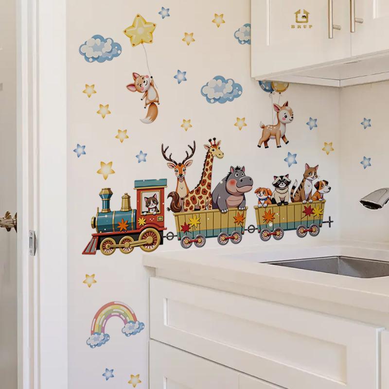 Мультяшный Животный Поезд Наклейка На Стену Съемная ПВХ Декор Стены Для Детской Комнаты Детской Спальни Домашний Декор