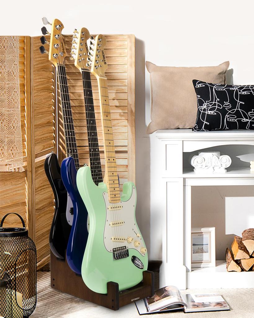 STRICH Wooden Guitar Front Stand for and Stage Walnut Color 3 L-3EW Floor-Mounted Stand, 3-Guitar Capacity, Display, Space-Saving, Multi-Guitar Home,