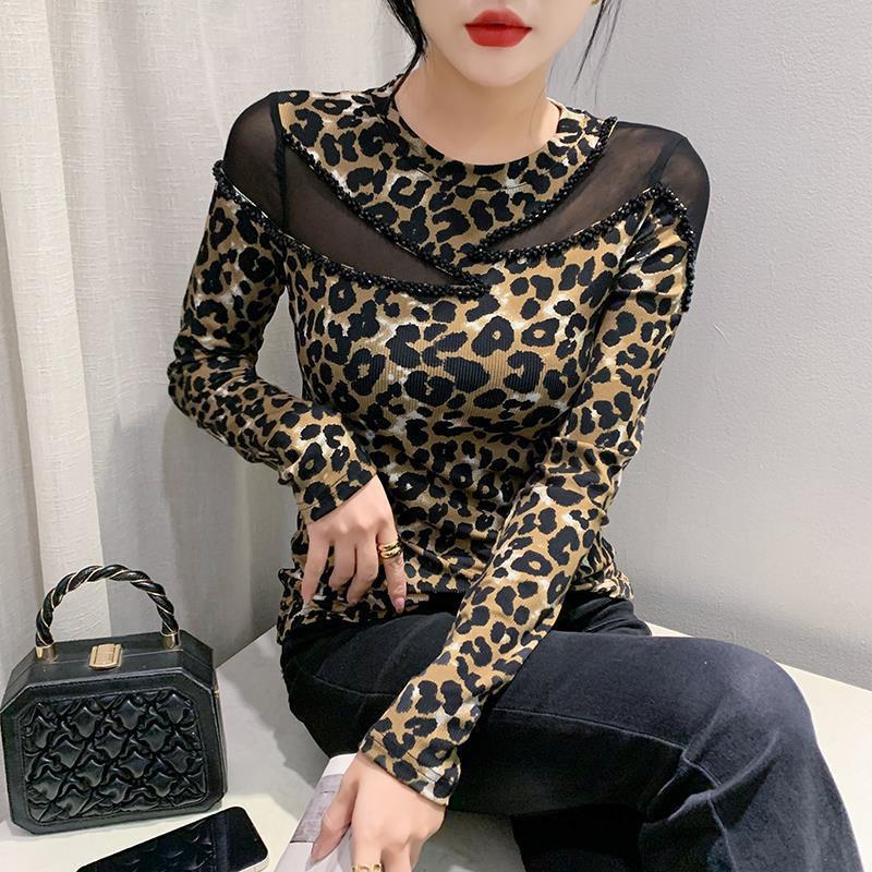 Леопардовый топ с длинным рукавом, винтажная удобная эластичная облегающая кофта-джемпер, кружевные топы