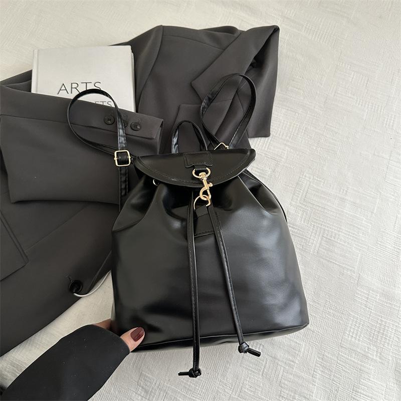 Soft PU Leather Drawstring Flap Backpack, Minimalist Gold Hardware Casual Daily Travel Bucket Backpack For Women