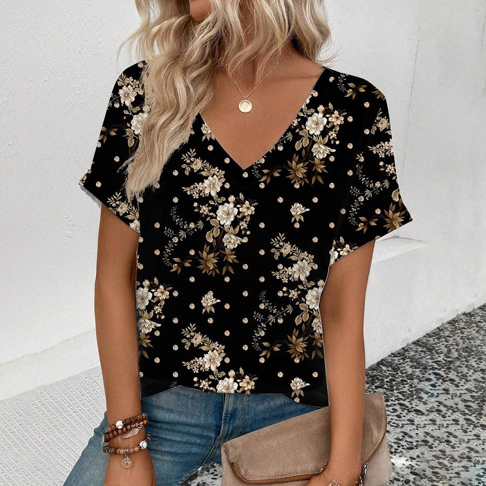 Elegant Women's V-Neck T-Shirt Fashion Floral Pattern Print T-Shirt Popular Women's Short Sleeve T-Shirt Summer Leisure T-Shirt