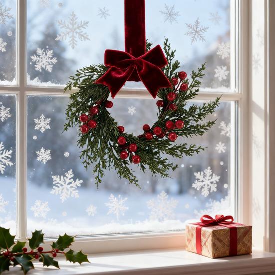 Artificial Christmas Wreath for Front Door 10 Inch Winter Greenery Wreath with Red Berries And Velvet Bow for Holiday Farmhouse Indoor Outdoor Porch