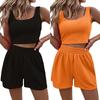 2PsTeenage Style Fresh Sweet Женский трикотажный безрукавный модный повседневный однотонный костюм черный жилет шорты повседневный