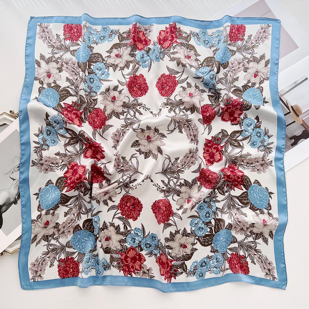 Floral Print Silk Feeling 70cm Square Scarf for Women Bandana Foulard Hairband Neckerchief Soft Satin Hijab Scarves Lady Elegant