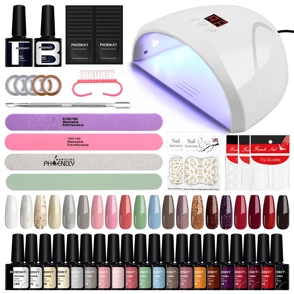 PHOENIXY 20 Colors Gel Nail Polish Set Pure Color Hybrid Varnish Kit With 36W UV LED Lamp Manicure Nail Art Tools Set For Beginner