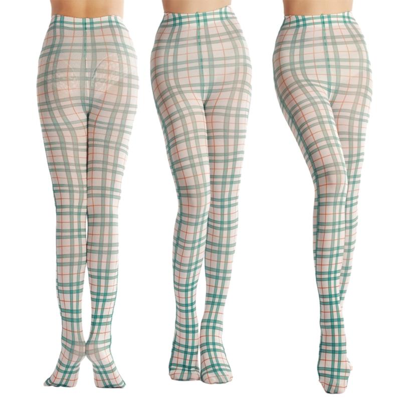 Women Sexy Tights Socks Translucent High Waist Pantyhose Plaids Print Silk Stockings Colourful Plaids Printing Stockings