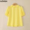 VONDA Женская блузка с короткими рукавами-буфами, застегивающаяся на пуговицы сбоку, с оборками, однотонная, повседневная