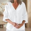Женская рубашка свободного кроя с V-образным вырезом и рукавом 3/4, летняя застежка на пуговицы, однотонная повседневная футболка на каждый день