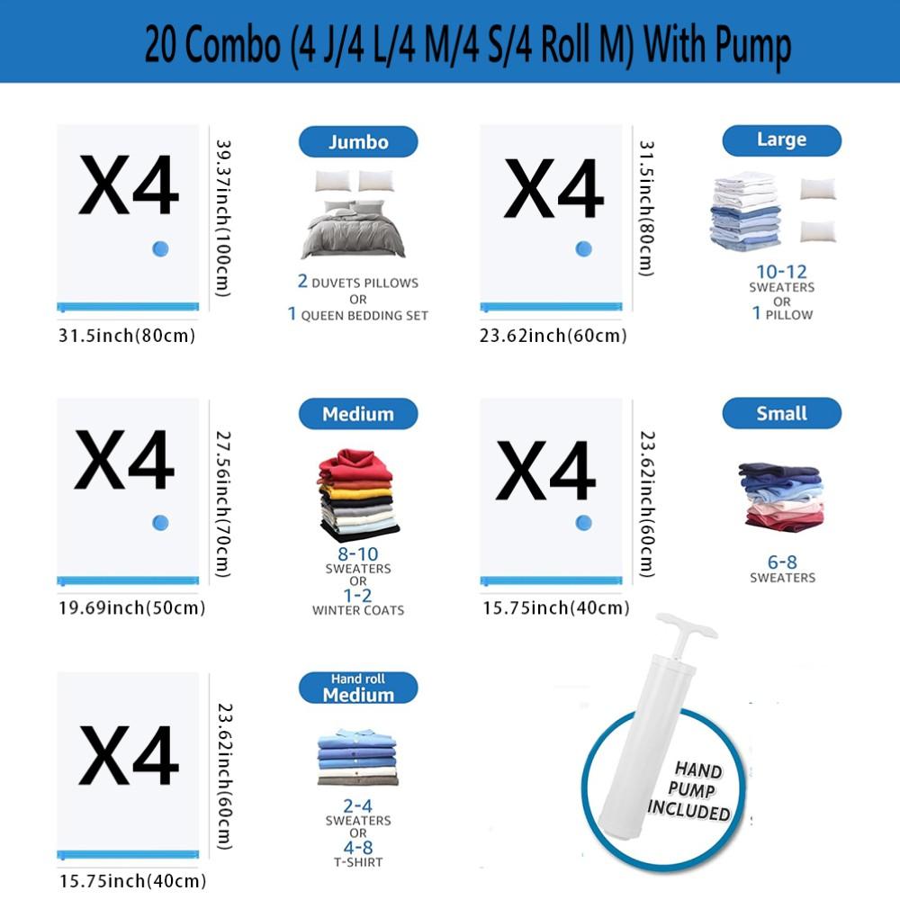 30 Pack Vacuum Storage Bags with Pump Space Saver Storage Bags Vacuum Seal Bags for Clothing Pillows Bedding Travel Organizer