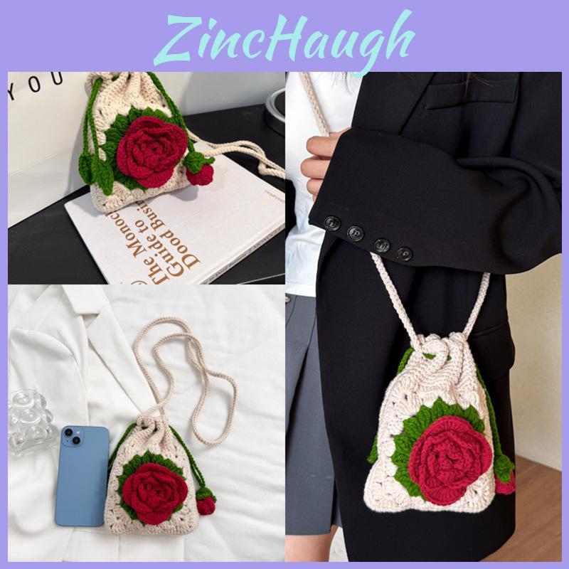 Cute Handmade Knit Crossbody Bag With Rose Decor And Inner Card Holder For Casual Outings