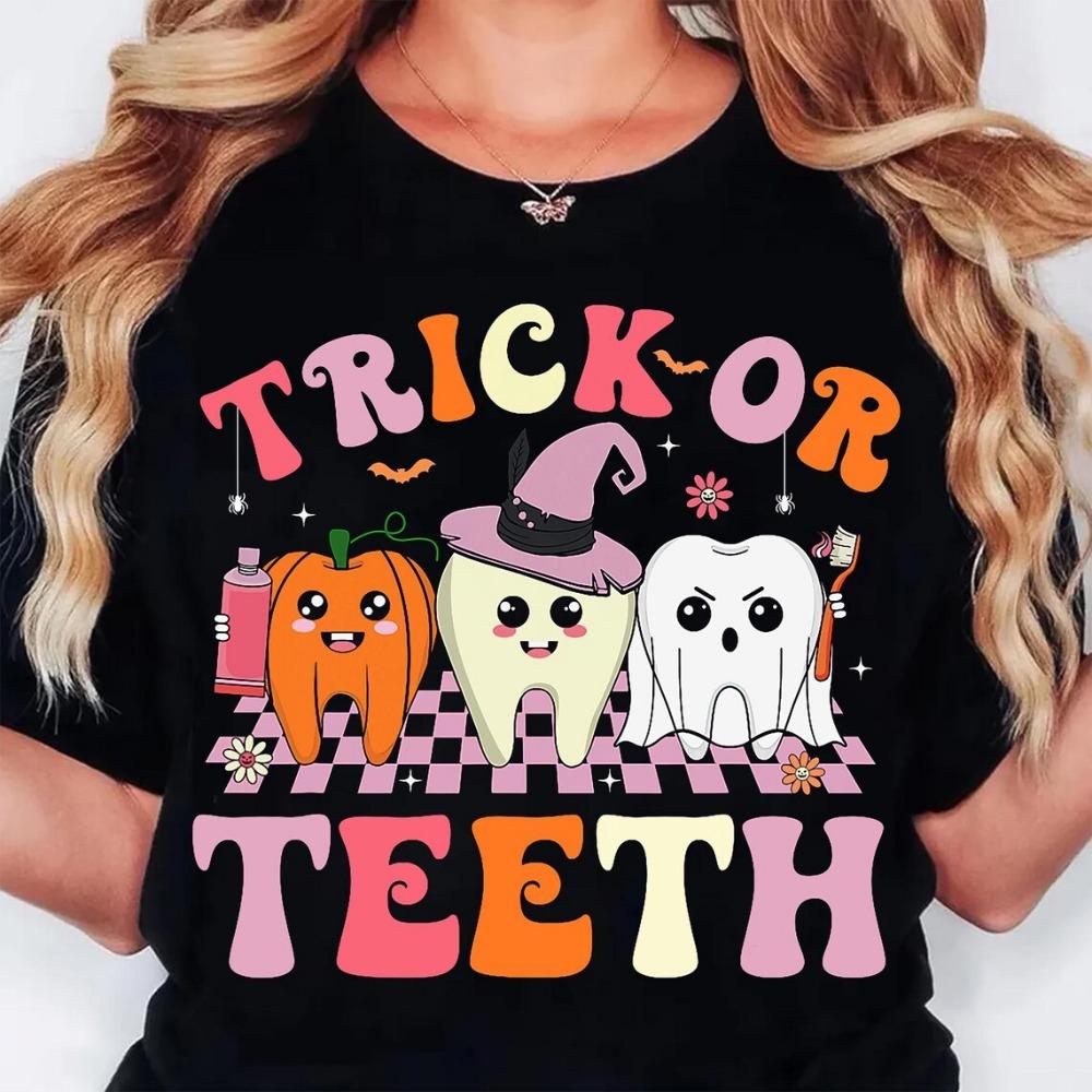 Dental Halloween T-shirt Fun Dental Teeth T-shirt Women's Manga Pattern Round Neck Top Harajuku T-shirt Women's Fashion Top